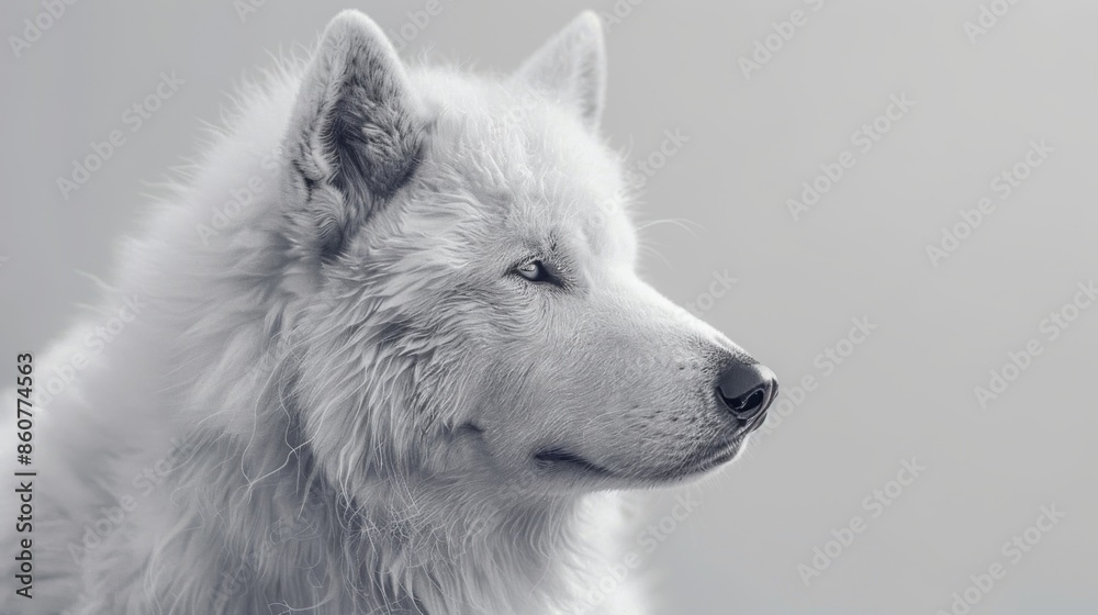 Fototapeta premium A close-up profile portrait of a serene white-furred dog, exuding calmness and poise, set against a minimalistic grey background, capturing every fine detail of its fur.