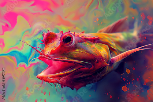 A striking and vivid depiction of a red-lipped batfish encompassed in bright, swirling, and psychedelic colors, portraying both underwater beauty and abstract artistic expression. photo