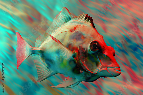 A vividly colored tropical red-lipped batfish swims against a gradient abstract background photo