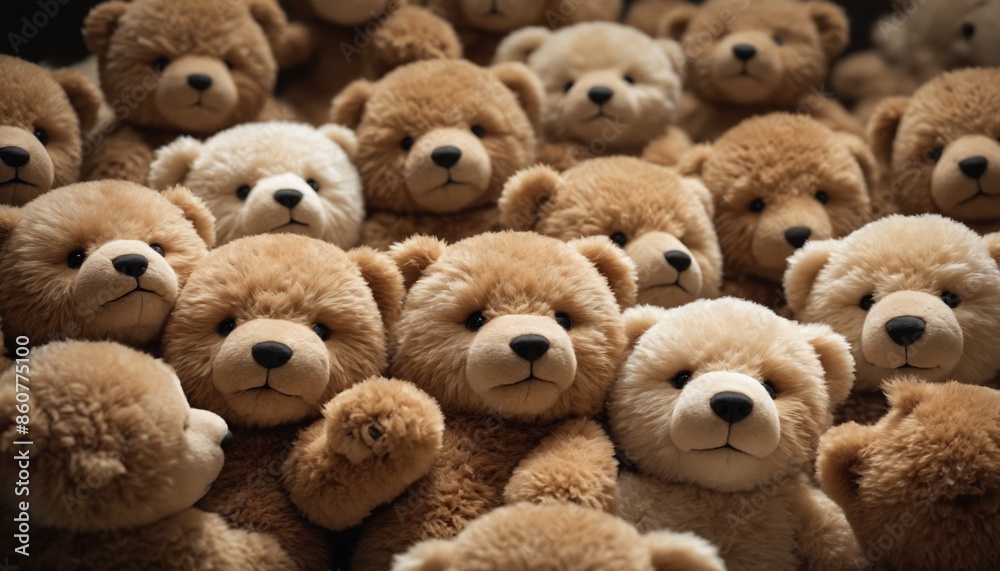 A crowd of plush bears huddle together in a playful gathering A crowd of plush bears huddle together in a playful gathering