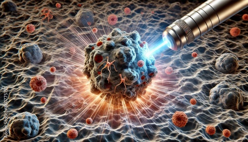 Highly detailed image of a laser precisely targeting and destroying a cancerous cell cluster within a microscopic biological environment