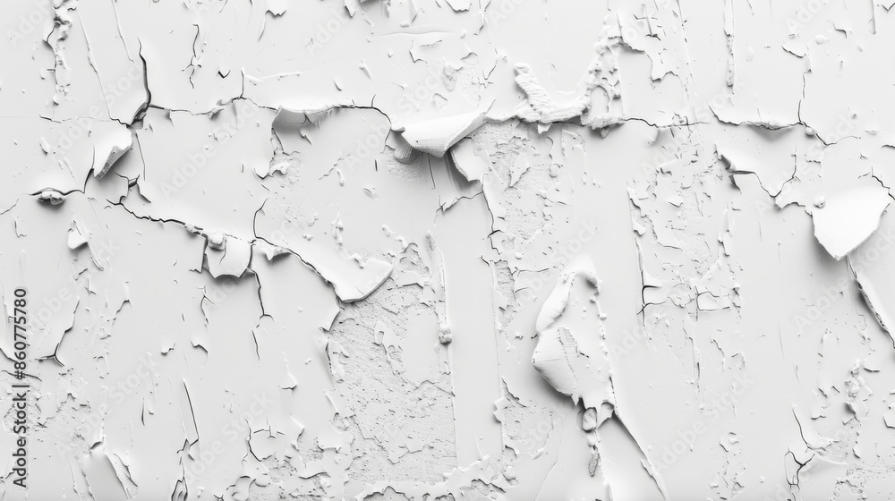 Obraz premium The photo captures the cracked and peeling paint on a weathered white wall, revealing the raw texture and the passage of time. The wall shows distinct layers of wear.