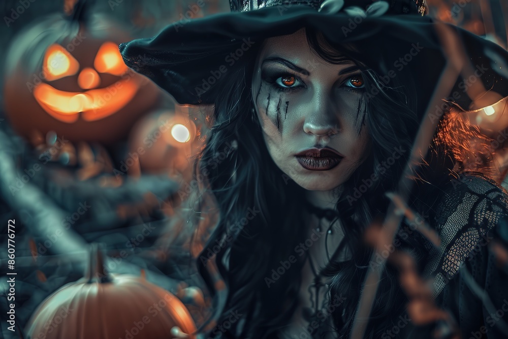 Portrait of a beautiful witch on a background of Halloween decorations, Ai Generated Portrait of a beautiful witch on a background of Halloween decorations, Ai Generated