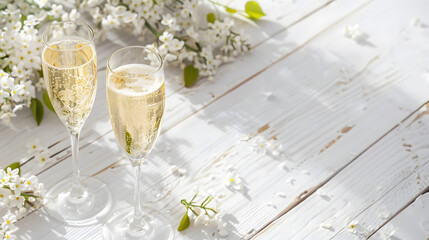 Two glasses of champagne and a beautiful tender festive wedding bouquet of flowers buttercups and white lilac on a white painted wooden board : Generative AI