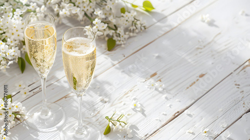Two glasses of champagne and a beautiful tender festive wedding bouquet of flowers buttercups and white lilac on a white painted wooden board : Generative AI
