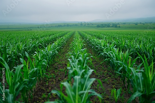Rows of green corn stalks sprawled across a large field under a cloudy sky, demonstrating organized agricultural practices and the growth stage of the crop in a natural setting.