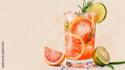 A refreshing grapefruit soda is served with a lime wedge and a sprig of rosemary. The drink is set against a beige background