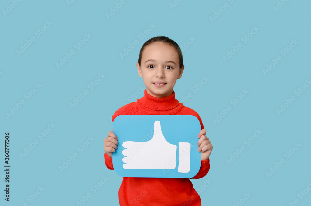 Little girl with like icon on blue background Little girl with like icon on blue background