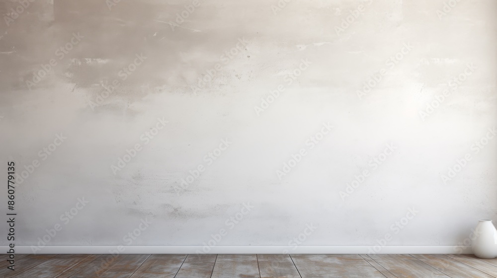 An image showing a modern interior with a white wall, some weathering, and smooth wooden floor panels. The frame is empty with a solitary cylindrical object.