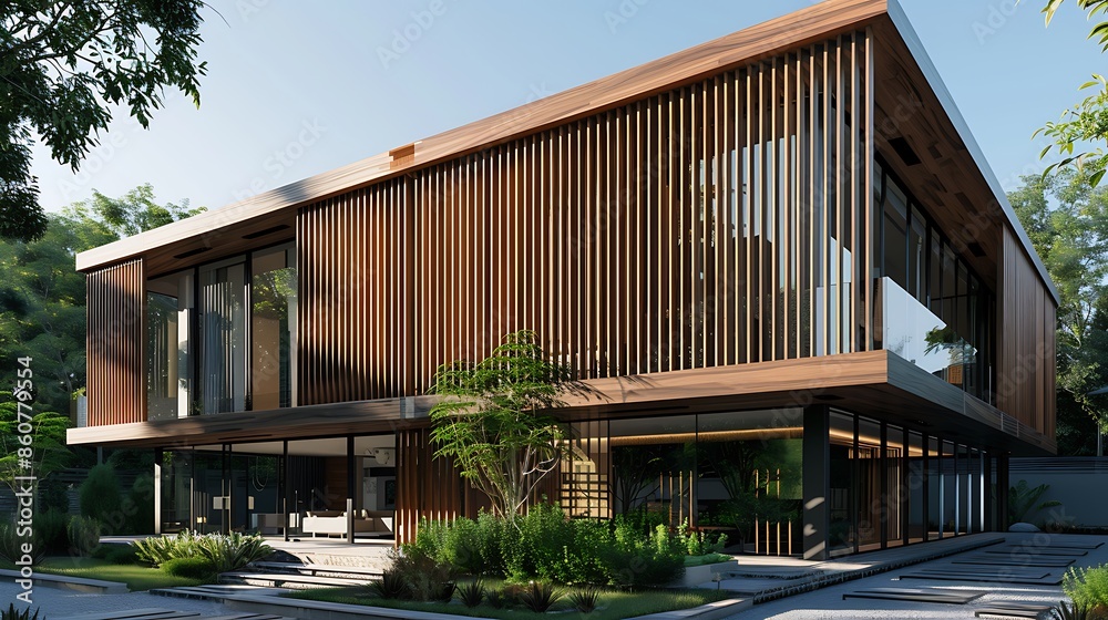 Fototapeta premium modern villa with wooden slats that wrap around the building, providing privacy while allowing natural light to filter through