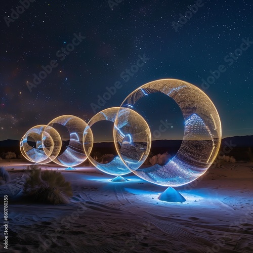 Ethereal light sculpture, desert night, glowing orbs, starry sky, magical realism photo