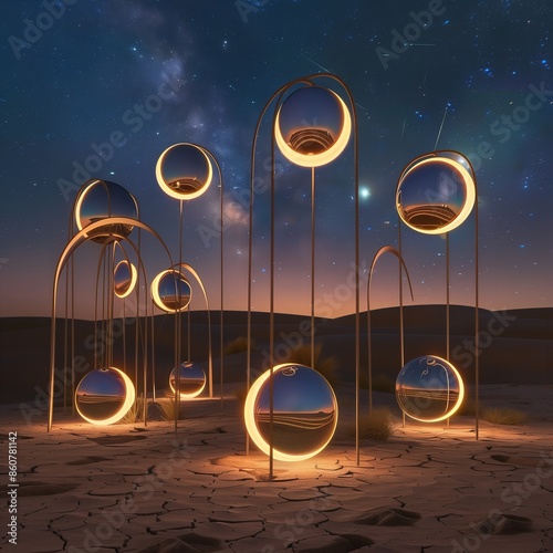 Ethereal light sculpture, desert night, glowing orbs, starry sky, magical realism photo