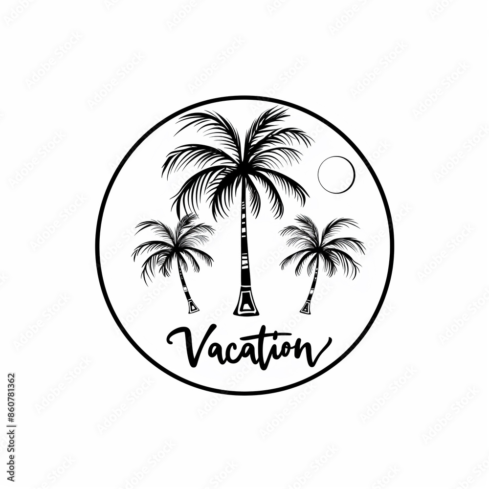 Naklejka premium Palm trees with 'Vacation' text in a circular design.