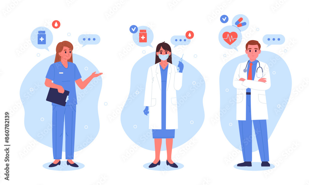 Medical doctors. Hospital staff, professional surgeon, therapist or neurologist, doctors wearing uniform flat vector illustration set. Hospital workers characters Medical doctors. Hospital staff, professional surgeon, therapist or neurologist, doctors wearing uniform flat vector illustration set. Hospital workers characters