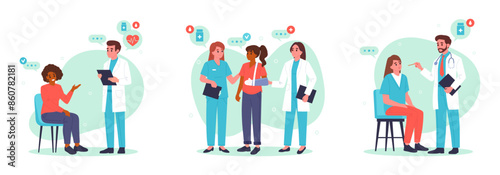 Medical staff with patients. Doctors and patients, doctors and nurses advising and diagnosing patients flat vector illustration set. Hospital professional workers with patients