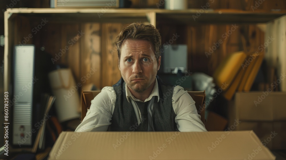 A businessman packing his belongings into a cardboard box, signifying a job loss due to downsizing, with a somber expression A businessman packing his belongings into a cardboard box, signifying a job loss due to downsizing, with a somber expression