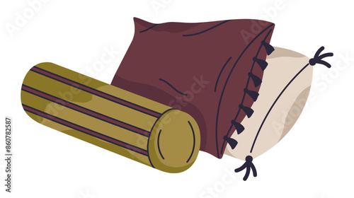 Soft pillows. Hand drawn pillows, textile feather sofa cushions stack flat vector illustration. Cozy home interior pillows