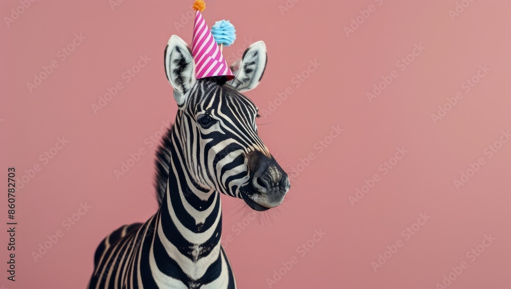 Zebra Wearing Party Hat Against Pink Background Zebra Wearing Party Hat Against Pink Background