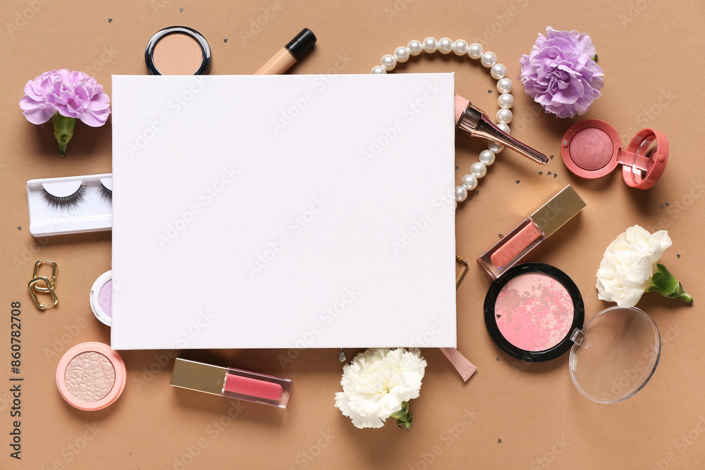 Blank card with makeup products, accessories and flowers on brown background Blank card with makeup products, accessories and flowers on brown background
