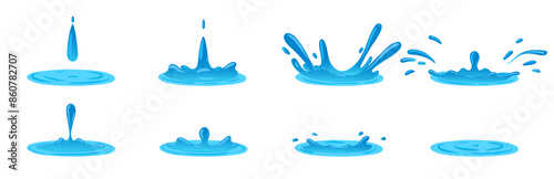 Water splash animation. Dripping water splatter animation, liquid water splashes flat vector illustration set. Cartoon dripping water
