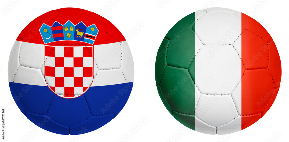 Naklejka premium Croatia vs. Italy footballs, team flag isolated on white