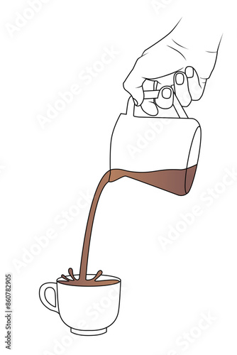 Coffee is pouring from glass coffee maker into porcelain cup isolated on white background.