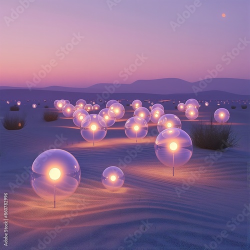 Ethereal light sculpture, desert night, glowing orbs, starry sky, magical realism photo