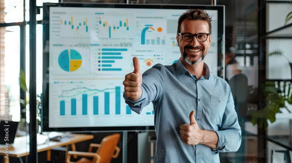 Fototapeta premium A successful entrepreneur giving a thumbs-up while standing next to a large digital display of profit growth charts in an office