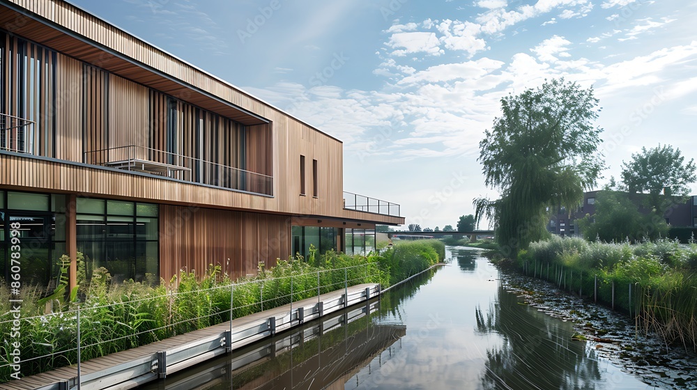 river clean-up facility with a wooden cladding facade, designed to integrate with the riverbank while housing state-of-the-art purification technology river clean-up facility with a wooden cladding facade, designed to integrate with the riverbank while housing state-of-the-art purification technology