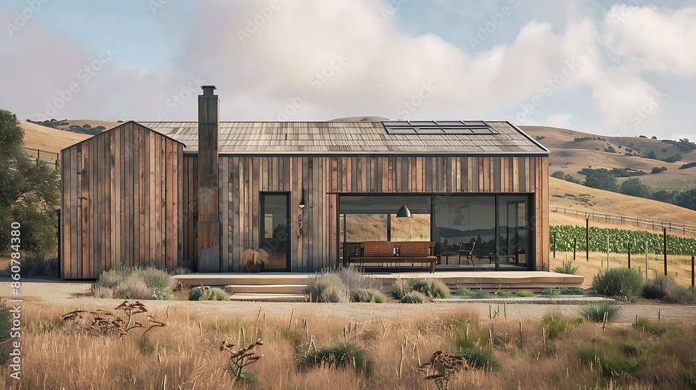 rural home with a textured wood exterior that provides a rustic yet modern look, set against a backdrop of rolling hills rural home with a textured wood exterior that provides a rustic yet modern look, set against a backdrop of rolling hills