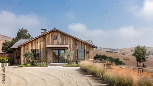 rural home with a textured wood exterior that provides a rustic yet modern look, set against a backdrop of rolling hills