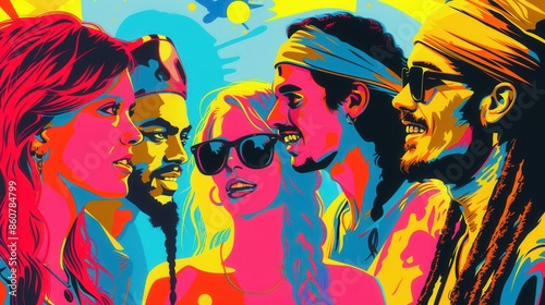 Vibrant pop art illustration of diverse people in colorful hues, showcasing unique personalities and styles.