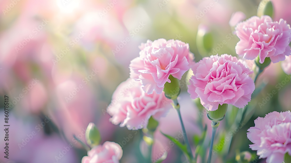 Close up view of lovely pink carnations blooming in the flower field on a beautiful spring day shallow focus and blurred background effectFor special occasions especially Mothers Day a : Generative AI Close up view of lovely pink carnations blooming in the flower field on a beautiful spring day shallow focus and blurred background effectFor special occasions especially Mothers Day a : Generative AI