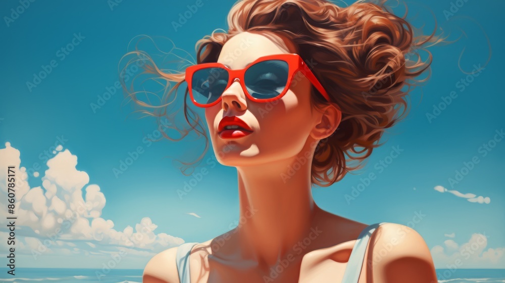 A woman wearing red sunglasses looks towards the horizon with wind-swept hair, representing freedom, summer vibes, and the joy of beachside relaxation under clear skies. A woman wearing red sunglasses looks towards the horizon with wind-swept hair, representing freedom, summer vibes, and the joy of beachside relaxation under clear skies.