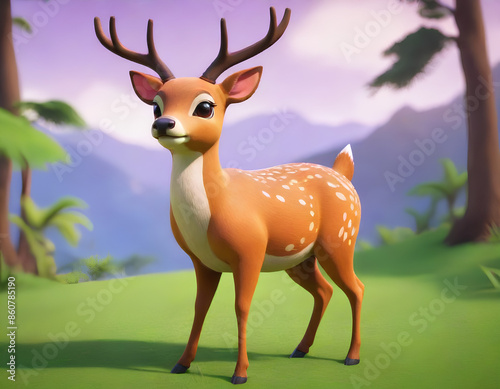 This charming illustration showcases a stylized, cute spotted deer with a whimsical touch. The deer is depicted with large, expressive eyes and a gentle smile, enhancing its adorable appeal. Its body  photo