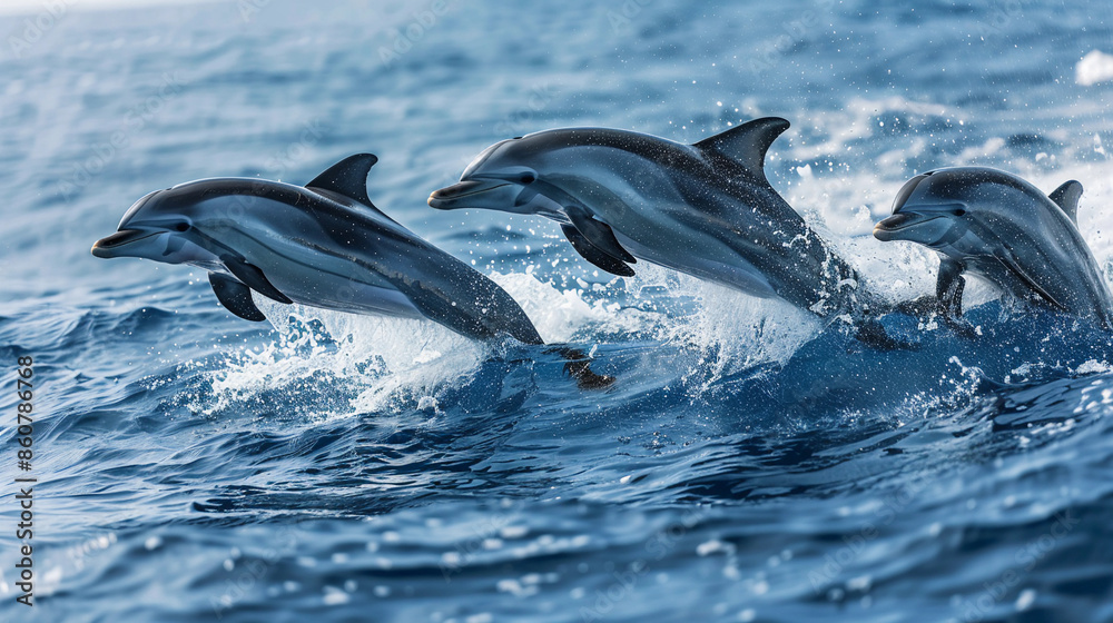 Fototapeta premium Three dolphins are leaping out of the water, creating a sense of motion