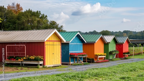 series of roadside farm stands, each featuring brightly colored fiber cement siding that stands out to passing drivers and offers protection against the elements for fresh produce