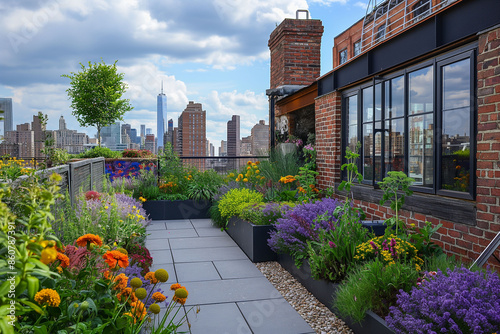 A colorful and diverse rooftop terrace garden adjacent to a brick building with a view of the city skyline under a clear sky. urban gardening and the beautification of residential spaces Copy space