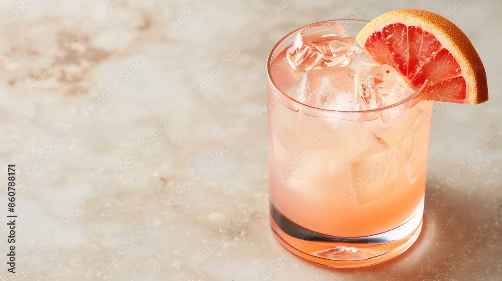 A clear highball glass with a pink grapefruit cocktail A clear highball glass with a pink grapefruit cocktail