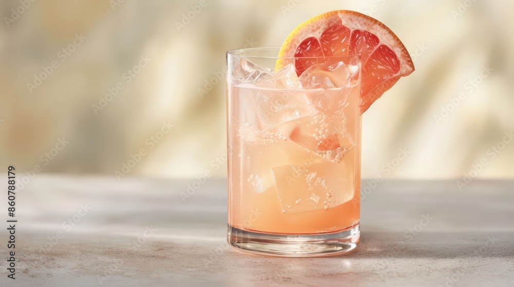 A clear highball glass with a pink grapefruit cocktail A clear highball glass with a pink grapefruit cocktail