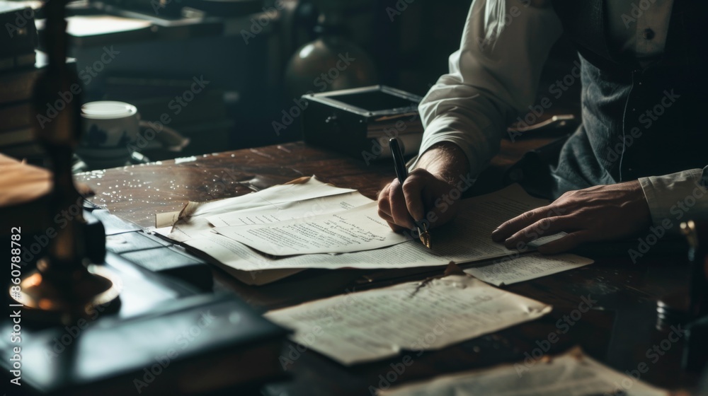 An individual annotating several documents spread across a wooden desk, illuminated by warm lighting, symbolizing thoroughness, analysis, and a traditional work environment. An individual annotating several documents spread across a wooden desk, illuminated by warm lighting, symbolizing thoroughness, analysis, and a traditional work environment.
