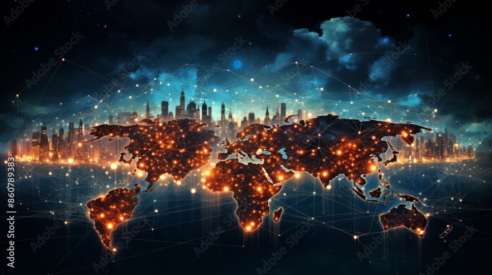 Fototapeta premium An artistic depiction of a global map with a cityscape silhouette and glowing network links, representing the worldwide urbanization and technological advancements.