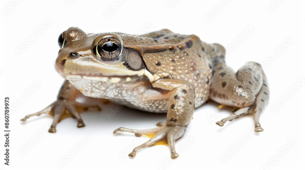 Fototapeta premium This image shows a close-up of a realistic frog with detailed skin texture, clearly defined eyes, and various shades of brown and yellow on a white background.