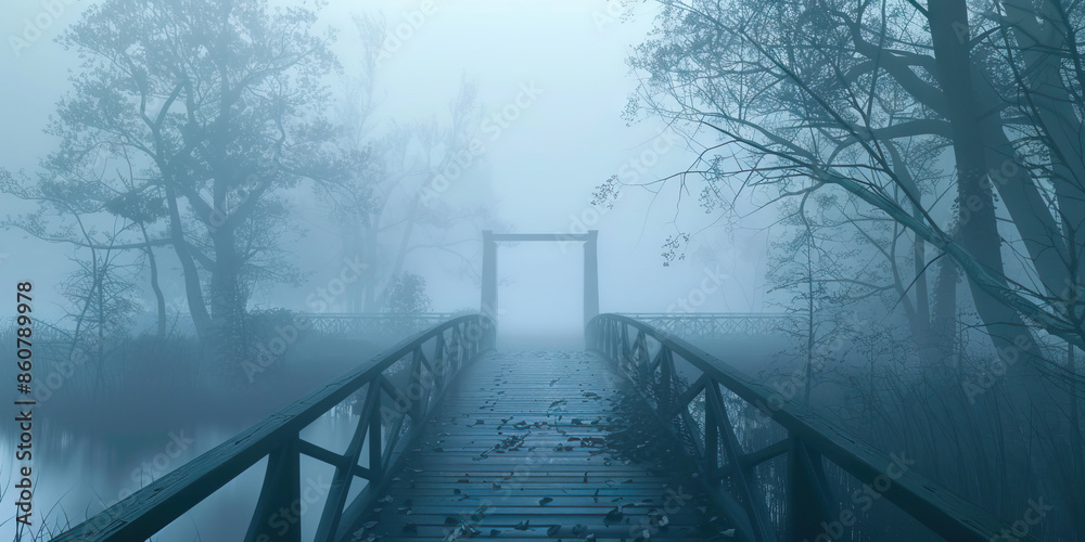 A foggy bridge leading into the unknown, with no end in sight and an air of mystery A foggy bridge leading into the unknown, with no end in sight and an air of mystery