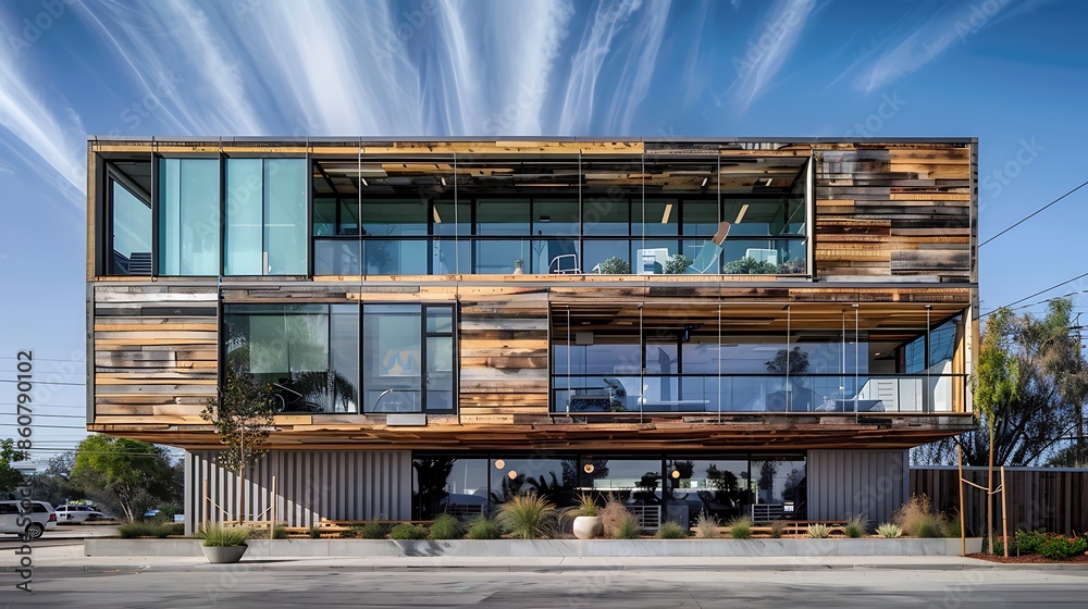 sustainable office building with a double-skin facade made from reclaimed wood, enhancing energy efficiency and workplace aesthetics sustainable office building with a double-skin facade made from reclaimed wood, enhancing energy efficiency and workplace aesthetics