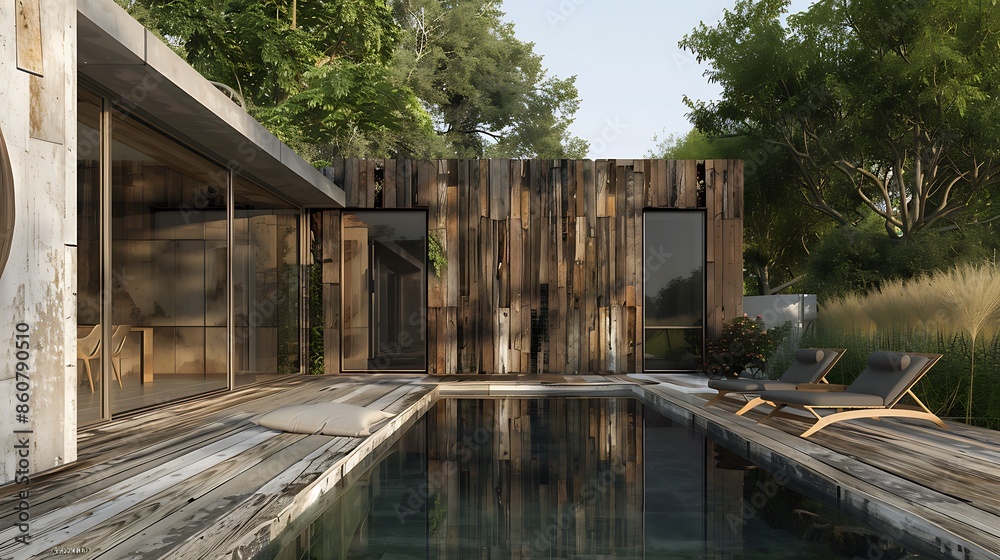 sustainable villa with a fa? section ade made from vertically arranged reclaimed wood, each piece weathered differently, offering a story of its past life sustainable villa with a fa? section ade made from vertically arranged reclaimed wood, each piece weathered differently, offering a story of its past life