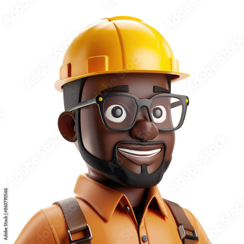 handsome dark-skinned african american construction worker memoji, emoji builder icon 3d render isolated on white, transparent background png