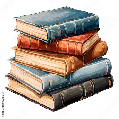 Watercolor illustration of old stacked books, transparent background PNG format