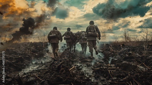 A group of soldiers carrying their fallen comrade through a war-torn landscape photo