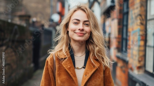 A smiling young woman, wearing a brown coat over a beige sweater, standing outdoors on a city street with a backdrop of urban buildings and graffiti art.